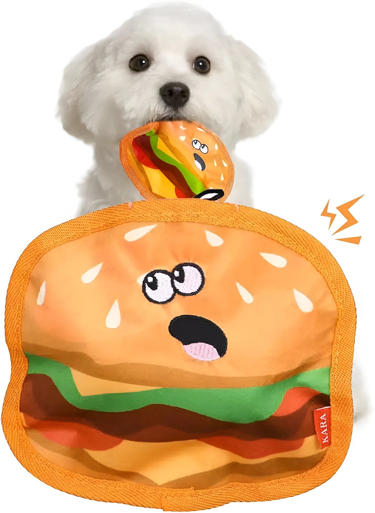 Set of four colourful fast-food shaped dog toys: hamburger, fries, hot dog, and pizza, featuring crinkle and squeak sounds.