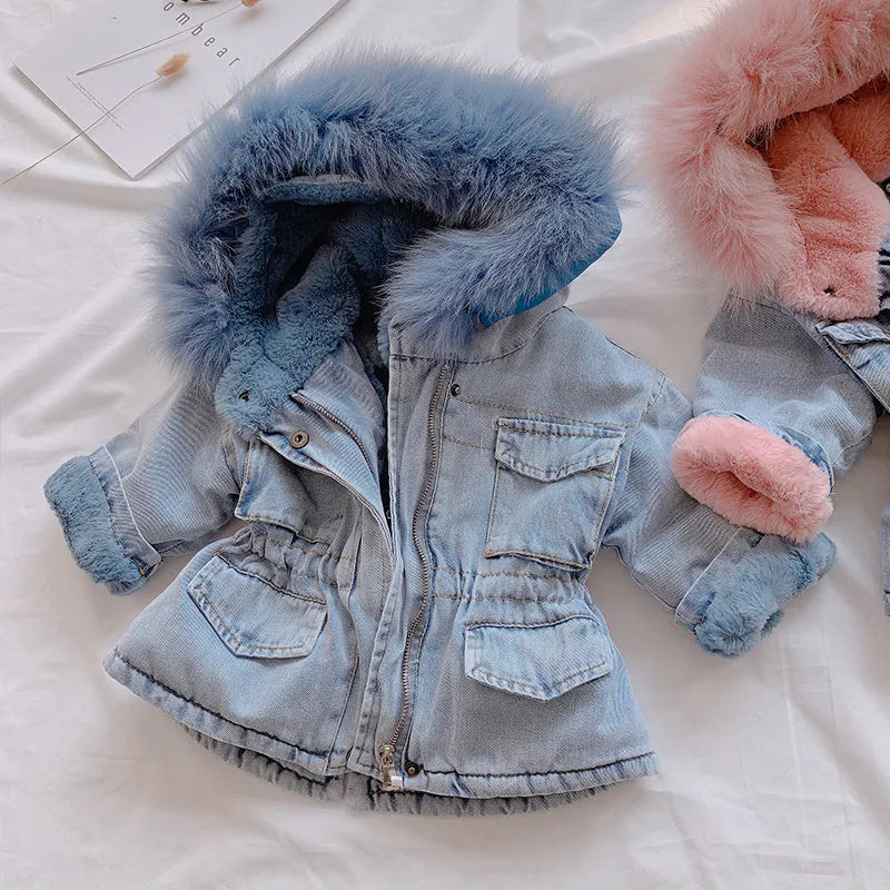 Girls blue denim coat with attached hat and velvet lining for winter wear