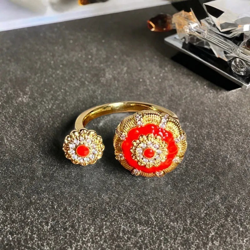 Adjustable copper ring with vintage oil-dripping gourd design, inlaid zircon stones, and flower and bow shapes in New Chinese style