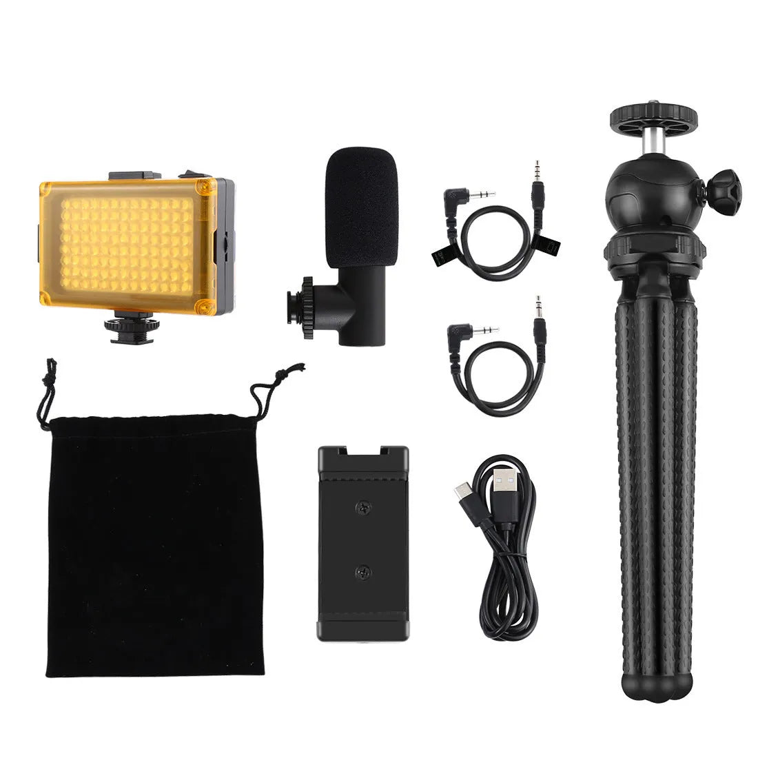 Black octopus tripod with flexible legs wrapped around a lamppost, showing 360-degree ballhead and fill light microphone attached to an iPhone.