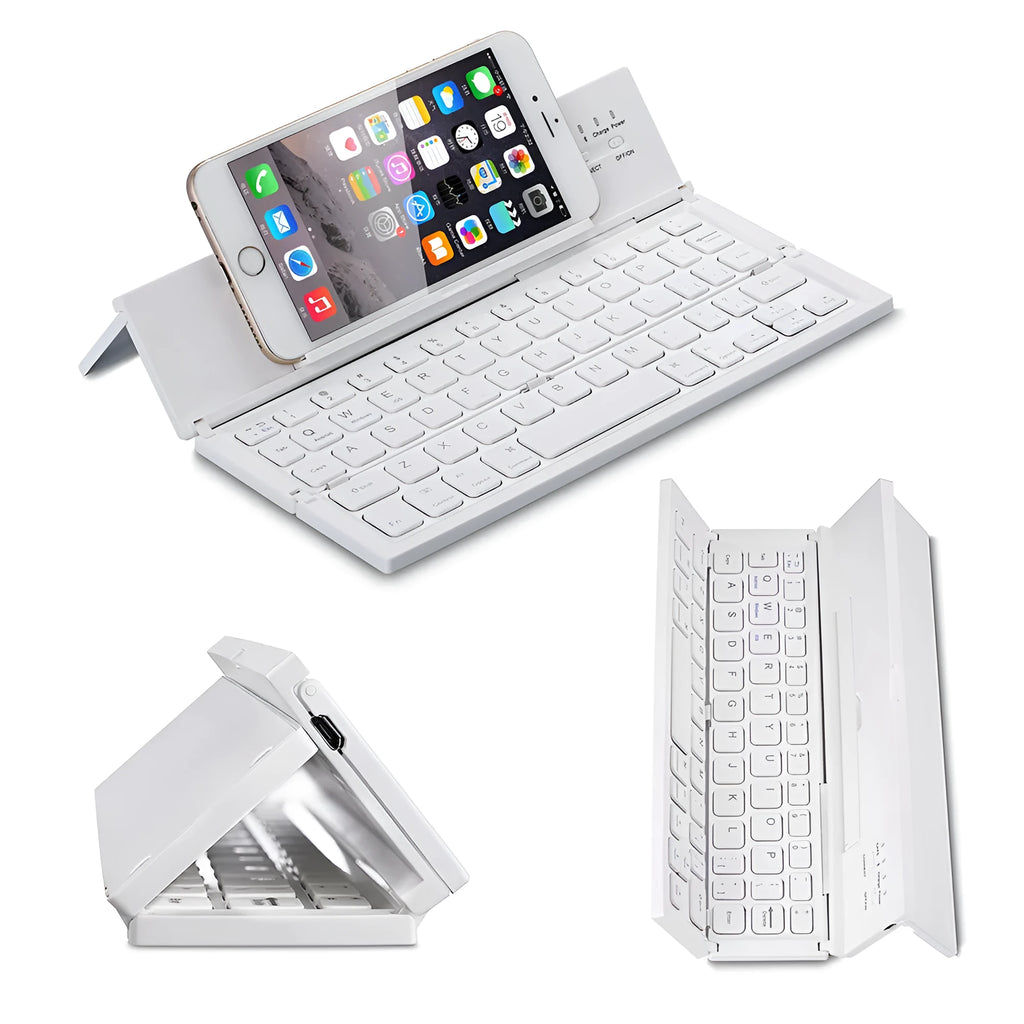 Mini folding ultra-thin wireless Bluetooth keyboard in black or white for tablets and smartphones.