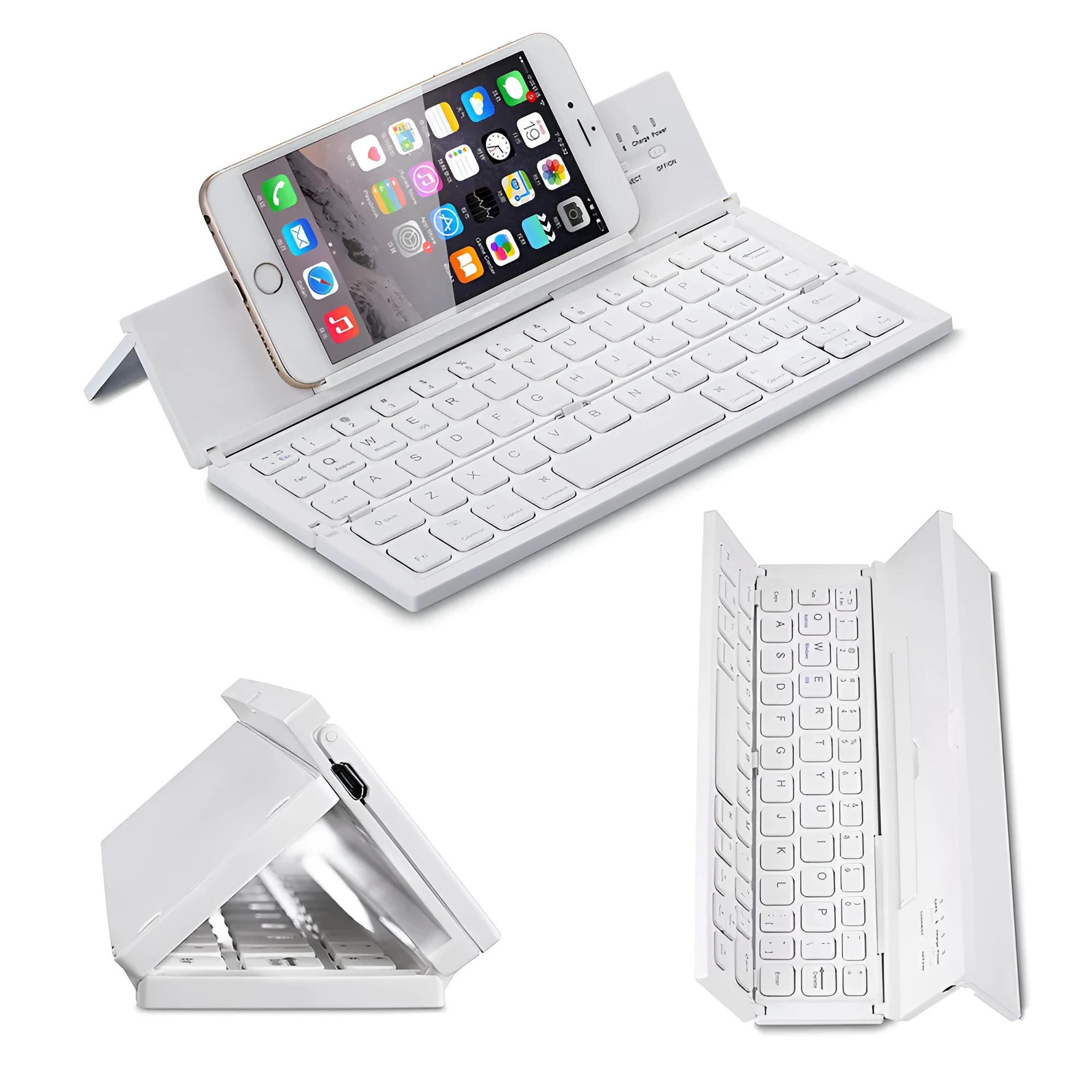 Mini folding ultra-thin wireless Bluetooth keyboard in black or white for tablets and smartphones.