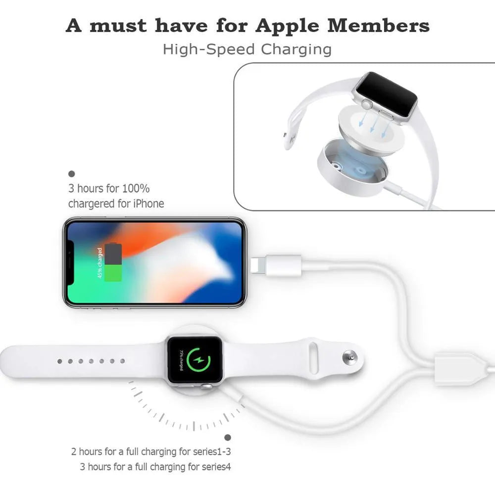 White two-in-one wireless charging stand for smartwatches with USB connection