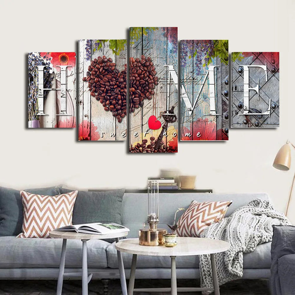 Set of five red oil painting canvases in varying sizes for wall decoration