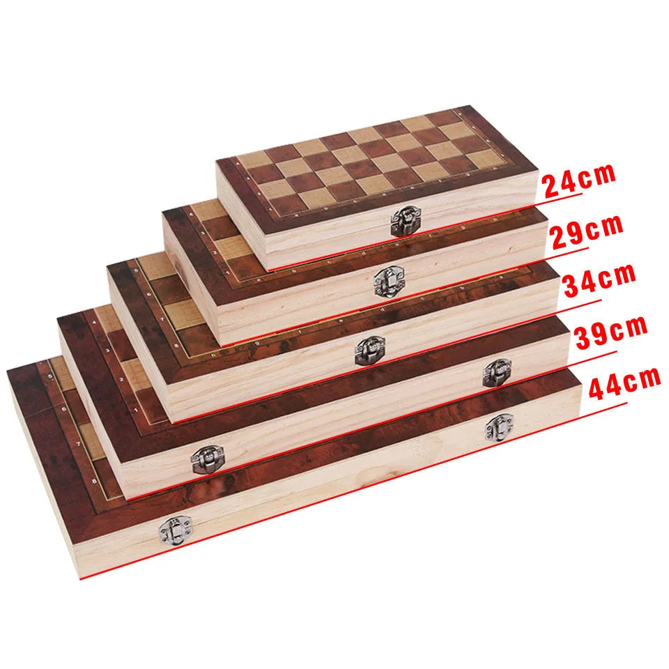 3 in 1 wooden chess checkers and backgammon travel board game set with five board sizes