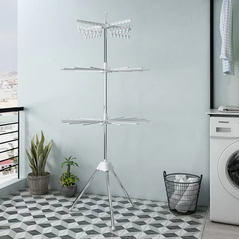 Three-layer stainless steel drying rack with plastic clips and mobile base for socks and ties