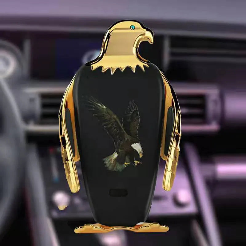 Car phone holder with wireless charging base and suction cup mount in Eagle style design