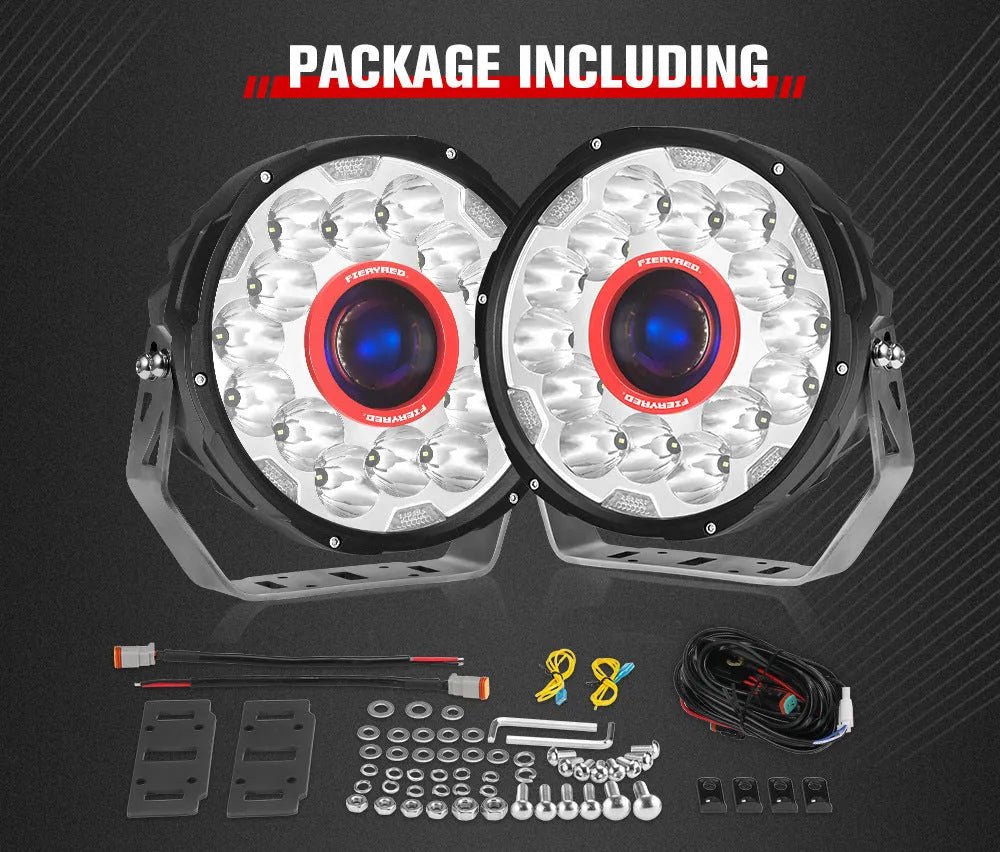 Pair of red 7-inch round LED waterproof off-road vehicle lights
