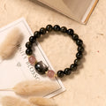 Black obsidian gemstone bracelet with 8mm beads and silver kitty charm accessories