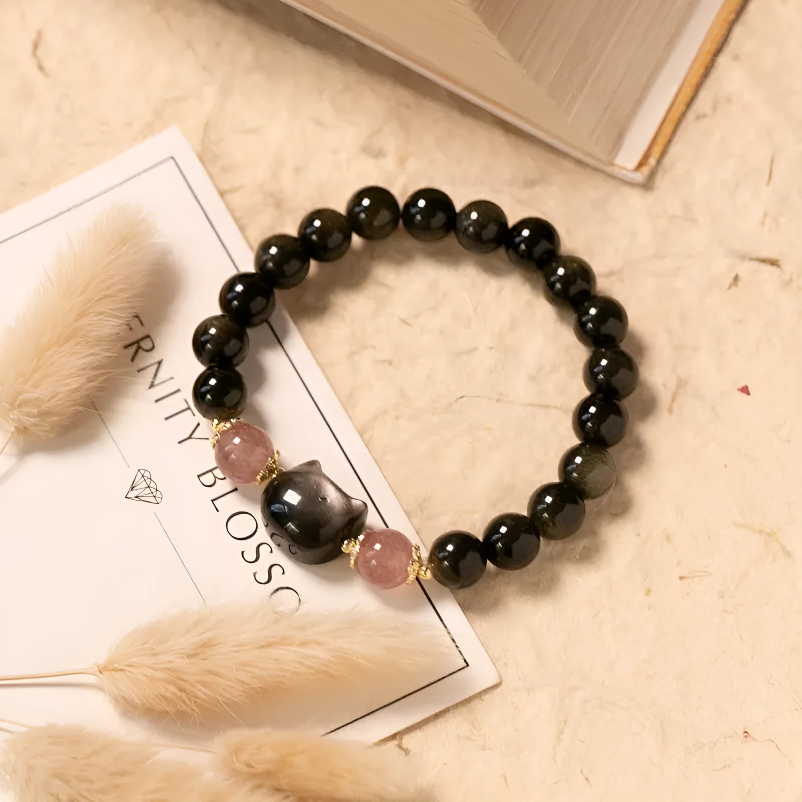 Black obsidian gemstone bracelet with 8mm beads and silver kitty charm accessories