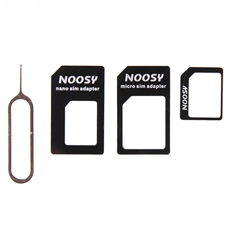 Three-piece SIM card adapter kit in black and white PC plastic for Standard, Micro, and Nano-SIM conversion.