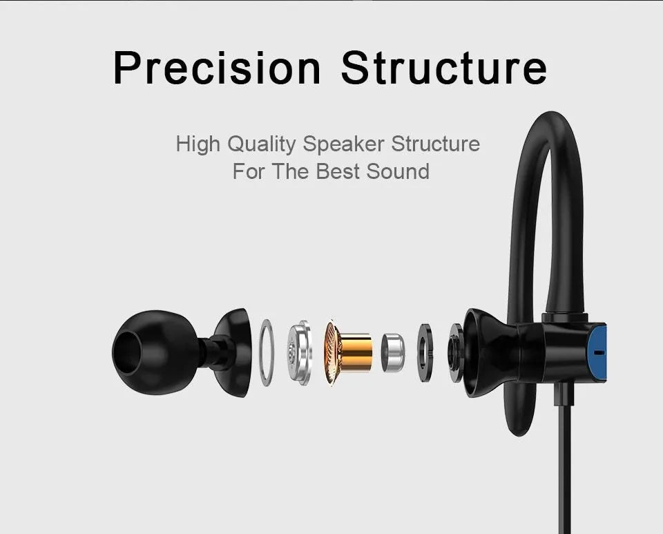 Sport running earhook earbuds with microphone in black blue, black gray, white gold, and white silver colours.