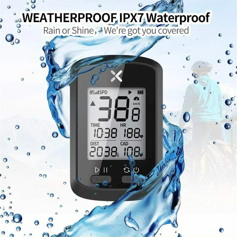 Black waterproof bicycle stopwatch with LCD screen and detachable wrist strap.