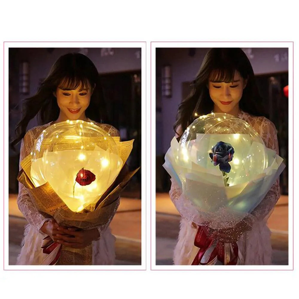 LED luminous balloon rose bouquet with transparent bobo ball design, artificial flowers, and LED lights for DIY Valentine's Day decorations