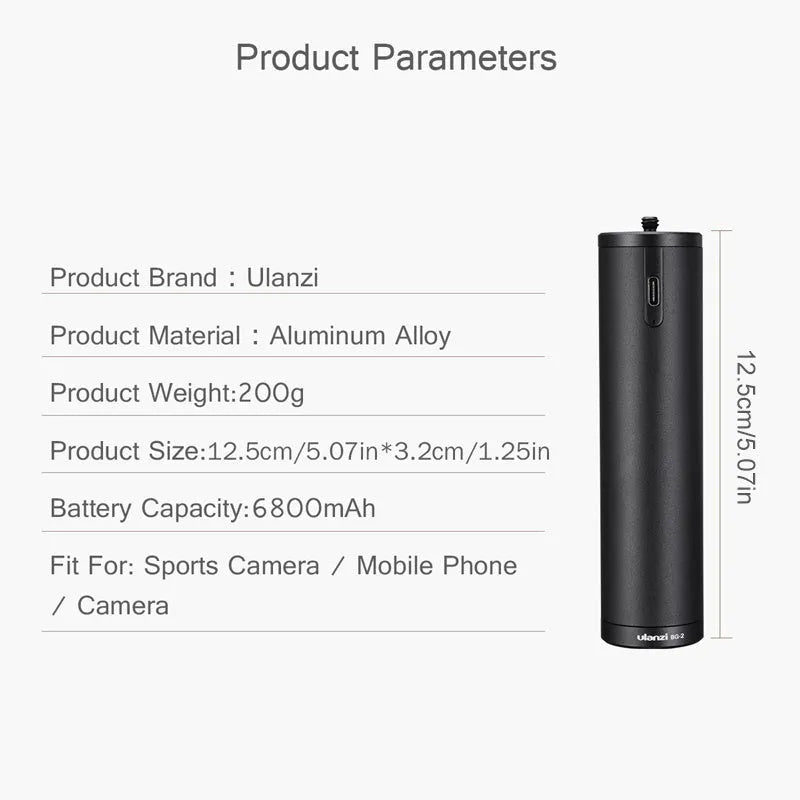 Black portable power bank with integrated handle showing 12.5cm length and 3.2cm width dimensions