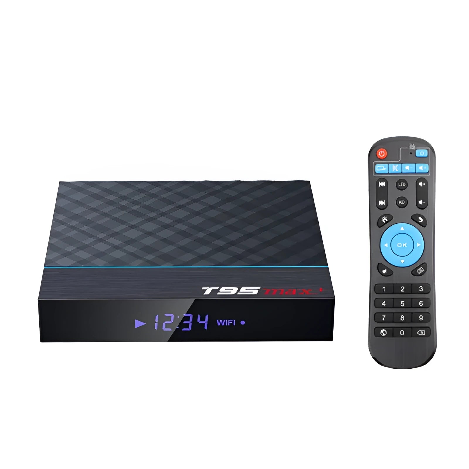 Black T95 Max Plus Android TV box unit with Amlogic S905X3 processor for 4K streaming.