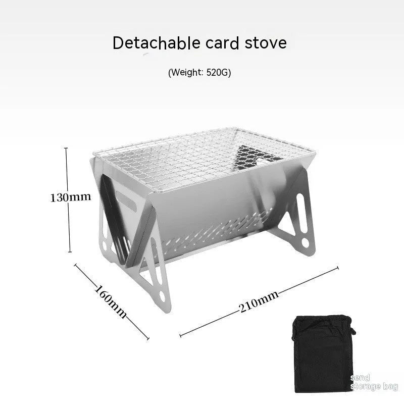 Outdoor folding stainless steel burning oven with BBQ grill and storage bag for portable barbecuing