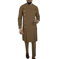 Men's striped cotton African two-piece robe set showing long sleeve top and matching trousers
