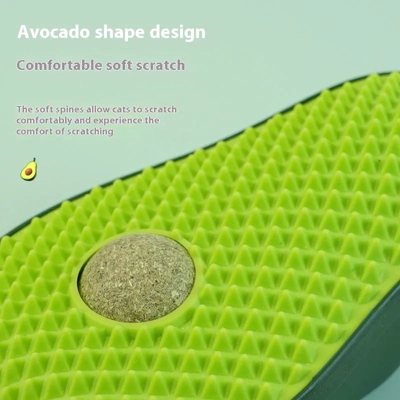 Green avocado-shaped cat scratching toy with textured posts on a white background