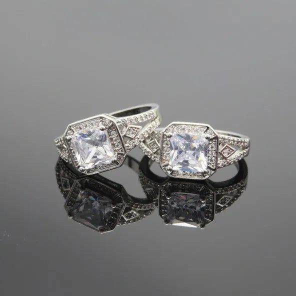 Geometric hollow zircon ring for women in platinum colour with quadrilateral design and inlaid stones