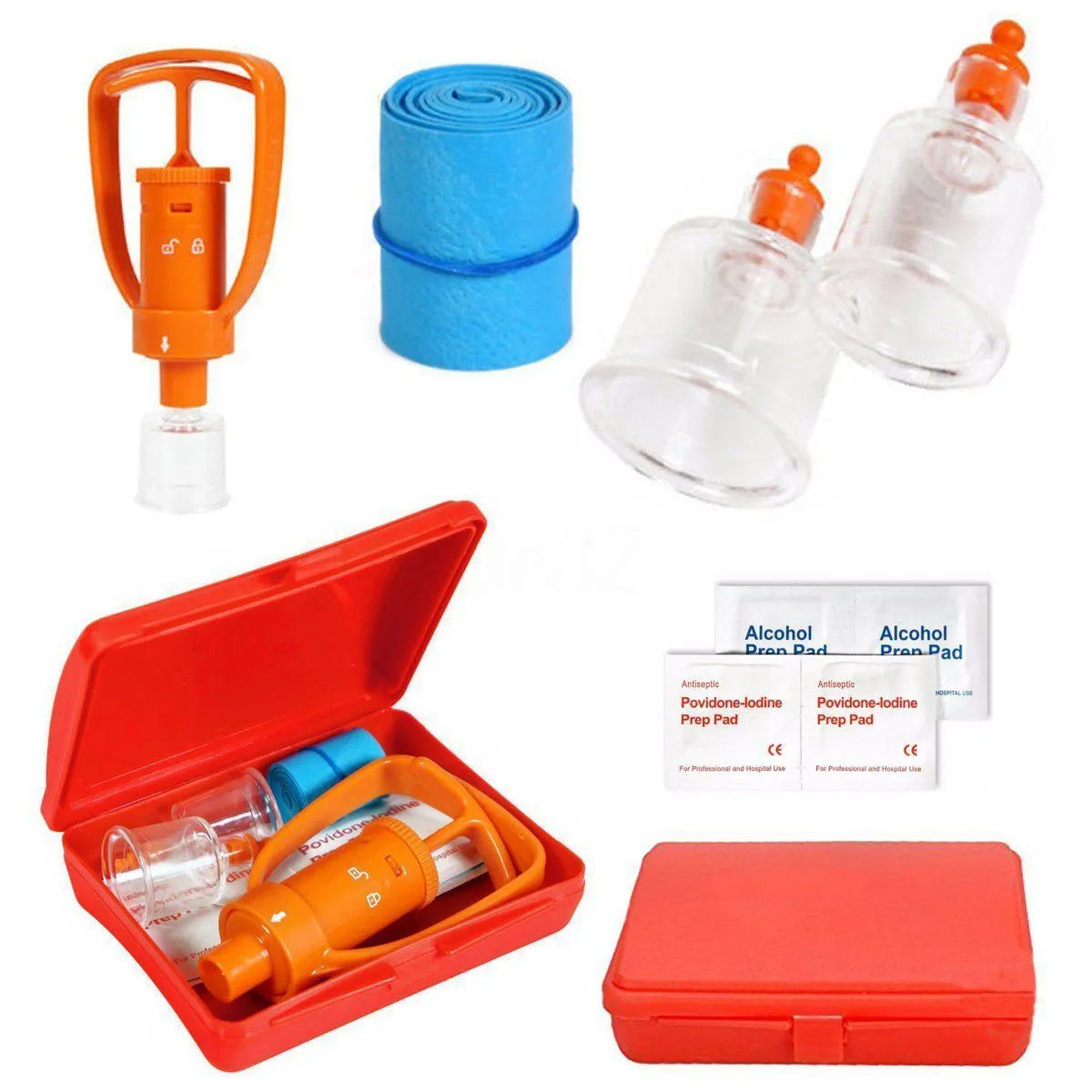 Orange venom suction device with two cup sizes, storage box, and accessories for outdoor first aid