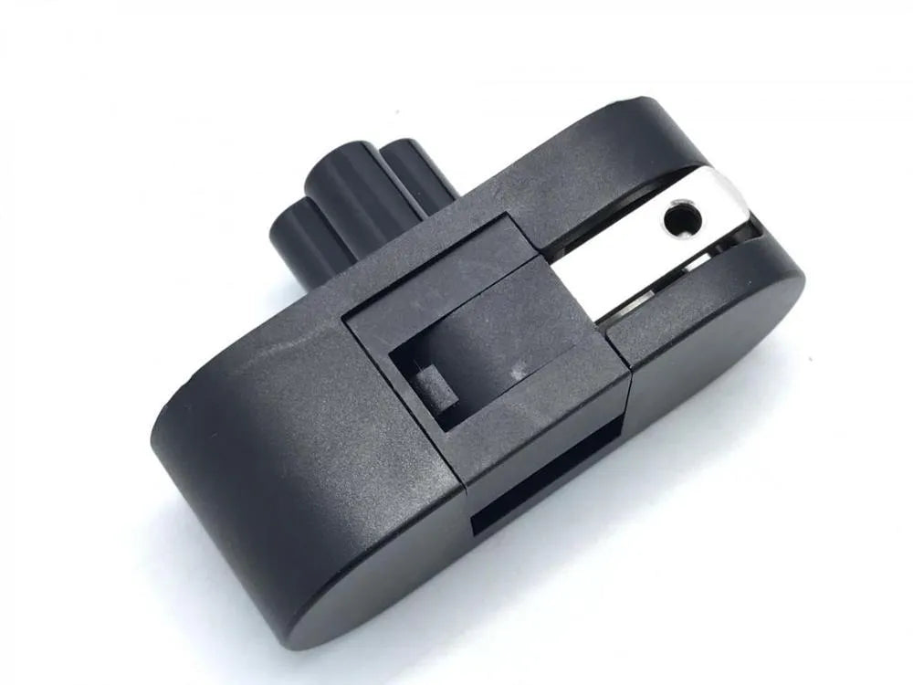 Black notebook power head folding plug with two forks shown in straight and 90-degree positions