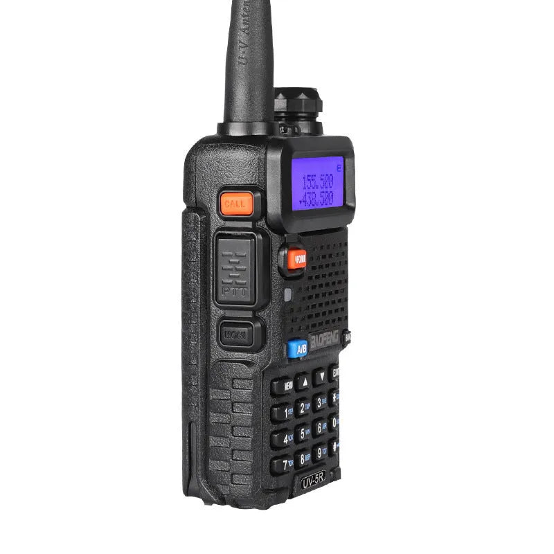 Dual-band VHF UHF walkie talkie with 5-10 km range, 128 channels, and compact 110x58x32 mm size