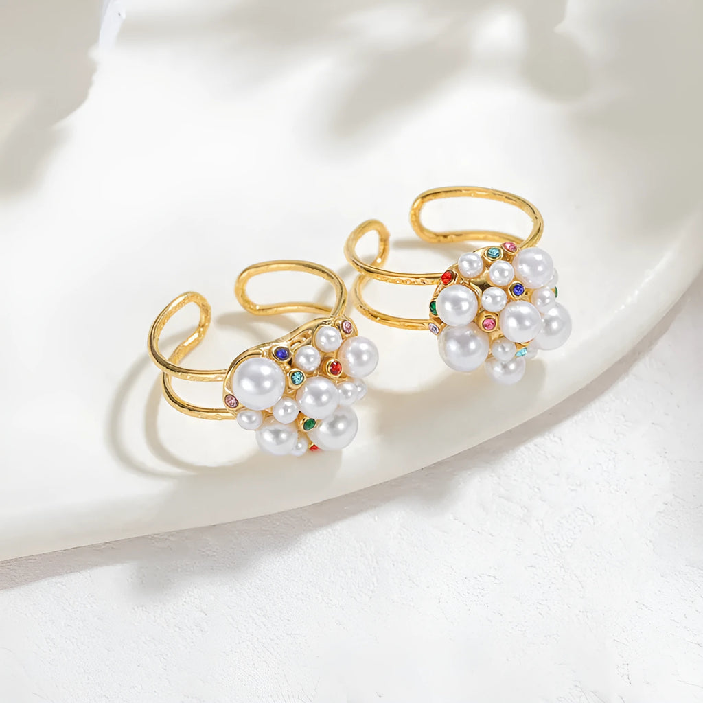 Women's stainless steel open ring with pearl and zircon stones in heart or round styles