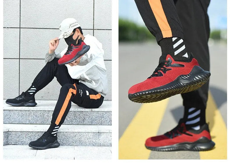 Men's safety shoes with steel toecap and midsole, anti-slip rubber outsole, breathable fly knitting upper, 903 red or black
