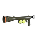 Black ABS plastic dog tennis ball launcher with two tennis balls for long-range throwing