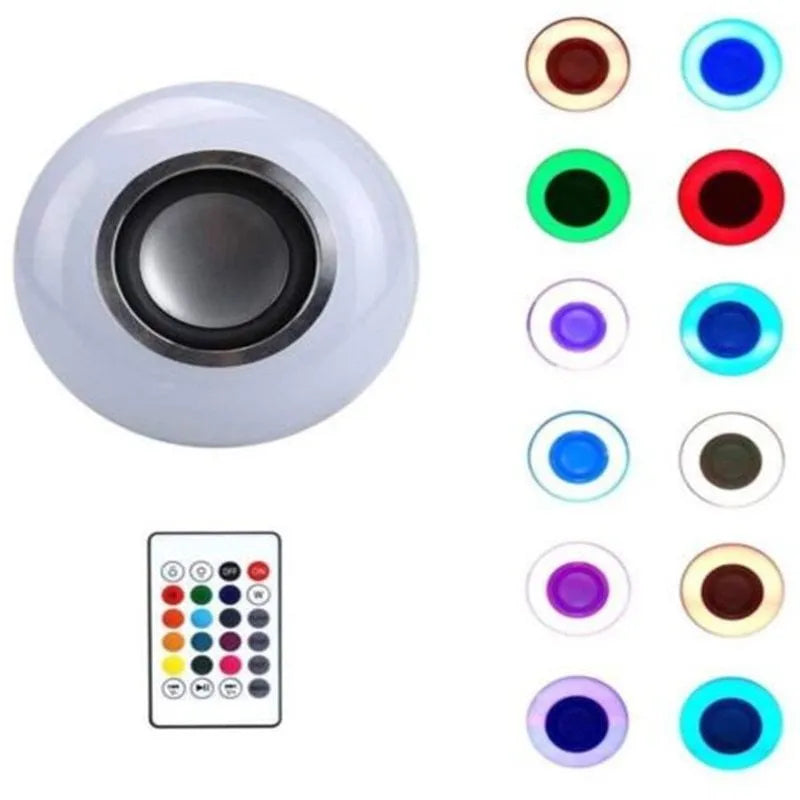 White smart LED bulb with Bluetooth speaker and remote control for multi-colour lighting.
