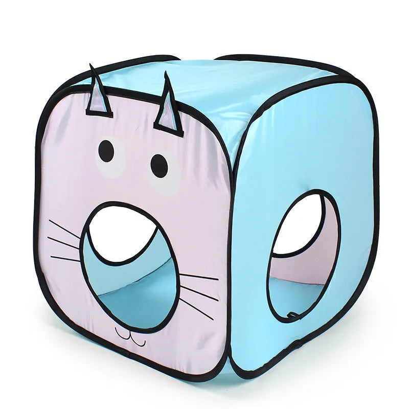 Foldable pet tent cat tunnel with collapsible design and cat-fish graphics