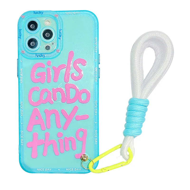 Graffiti design personalised TPU phone case with attached lanyard for Apple iPhone in mint green colour