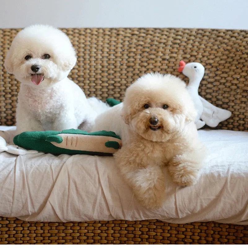 Green plush toy dog with dimensions 35cm by 18cm, weighing 90g, for interactive play.