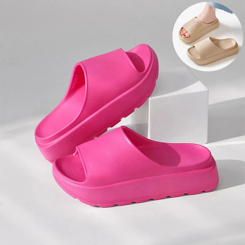 Women's beige fish mouth slippers with 5.5cm thick injection-moulded EVA soles for bathroom and beach use