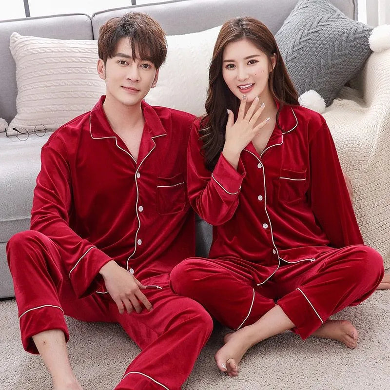 Couple winter velvet long sleeve pyjama set in Dark red, Grey, and Navy blue with size chart in cm for men and women.