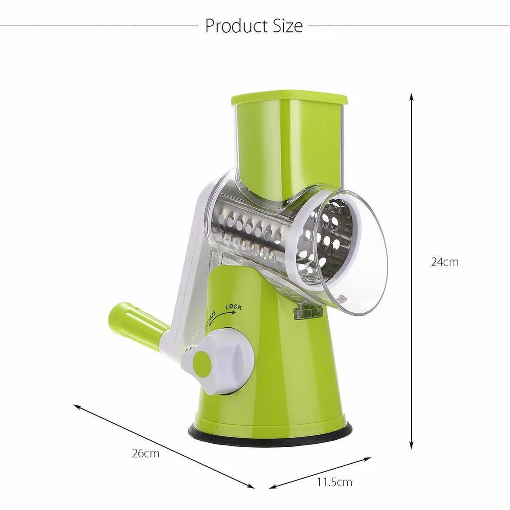 Blue green round mandoline slicer with three stainless steel drum blades and a suction base on a kitchen counter.