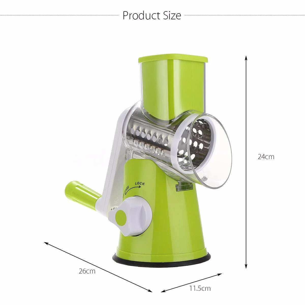 Blue green round mandoline slicer with three stainless steel drum blades and a suction base on a kitchen counter.