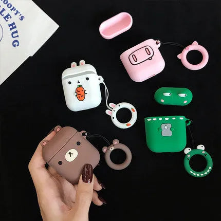 Cartoon earphone box with cute animal cover in brown, green, pink, or white colour options