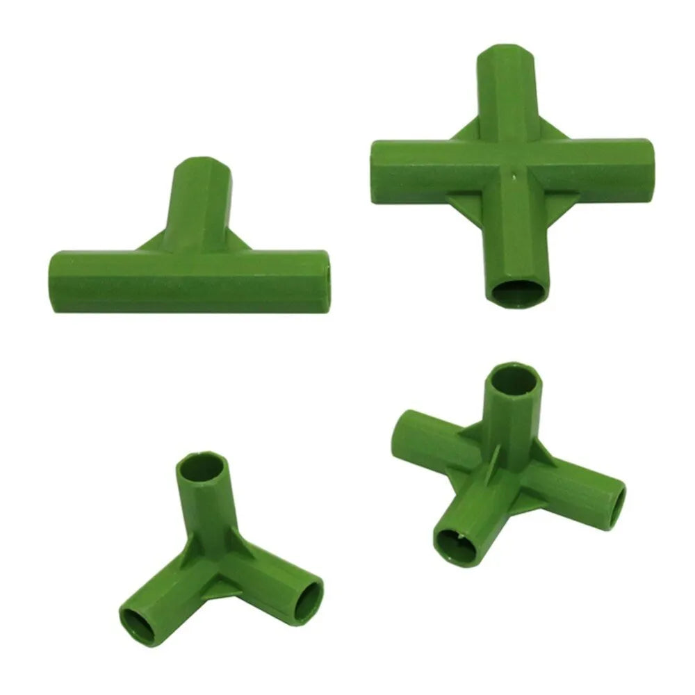 Two plastic garden connectors for 11mm poles, showing a three-way and a four-way junction.