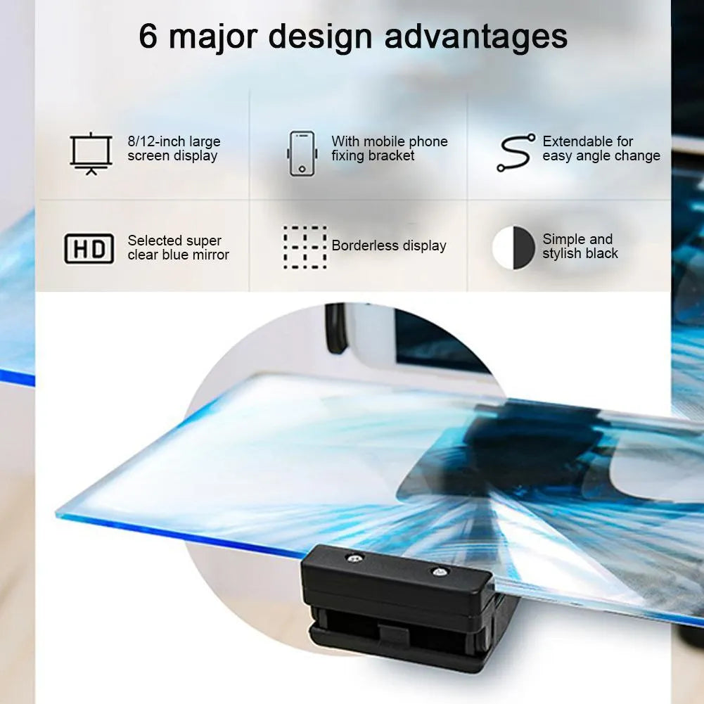 Black mobile phone screen amplifier with 12-inch blue acrylic lens on adjustable folding bracket