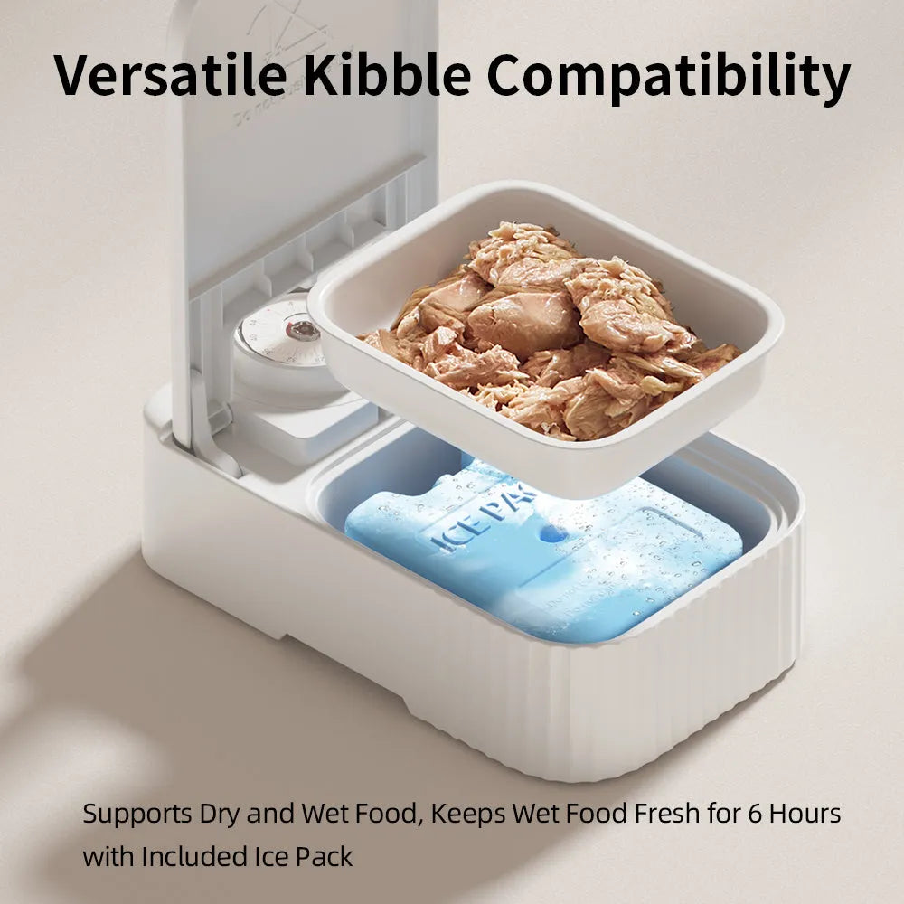 White automated pet feeder with timer display and a removable ice crystal cooling box underneath.