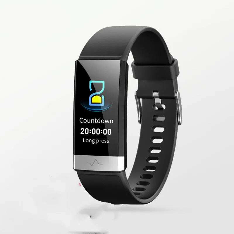 V19 smart bracelet in black, blue, or red with display showing health metrics and TPU strap