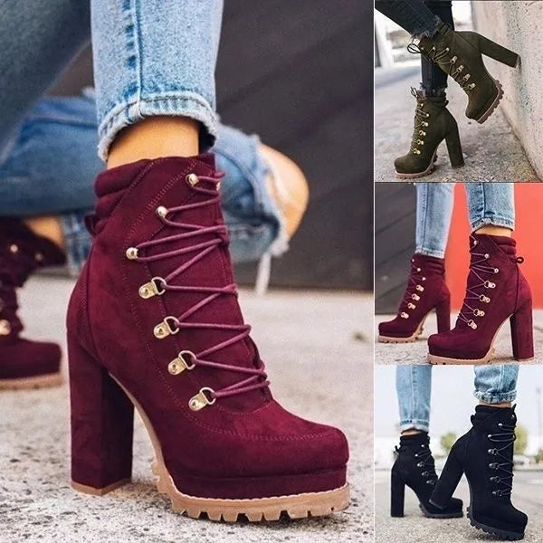 Women's suede high heel boots with thick 8cm heels, waterproof platforms, and cotton lining in army green colour