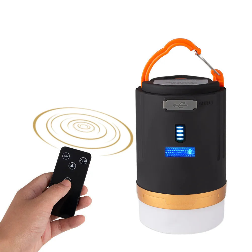 Black rechargeable LED camping light with remote control, 4800mAh battery, IPX6 waterproof, hanging hook and magnet
