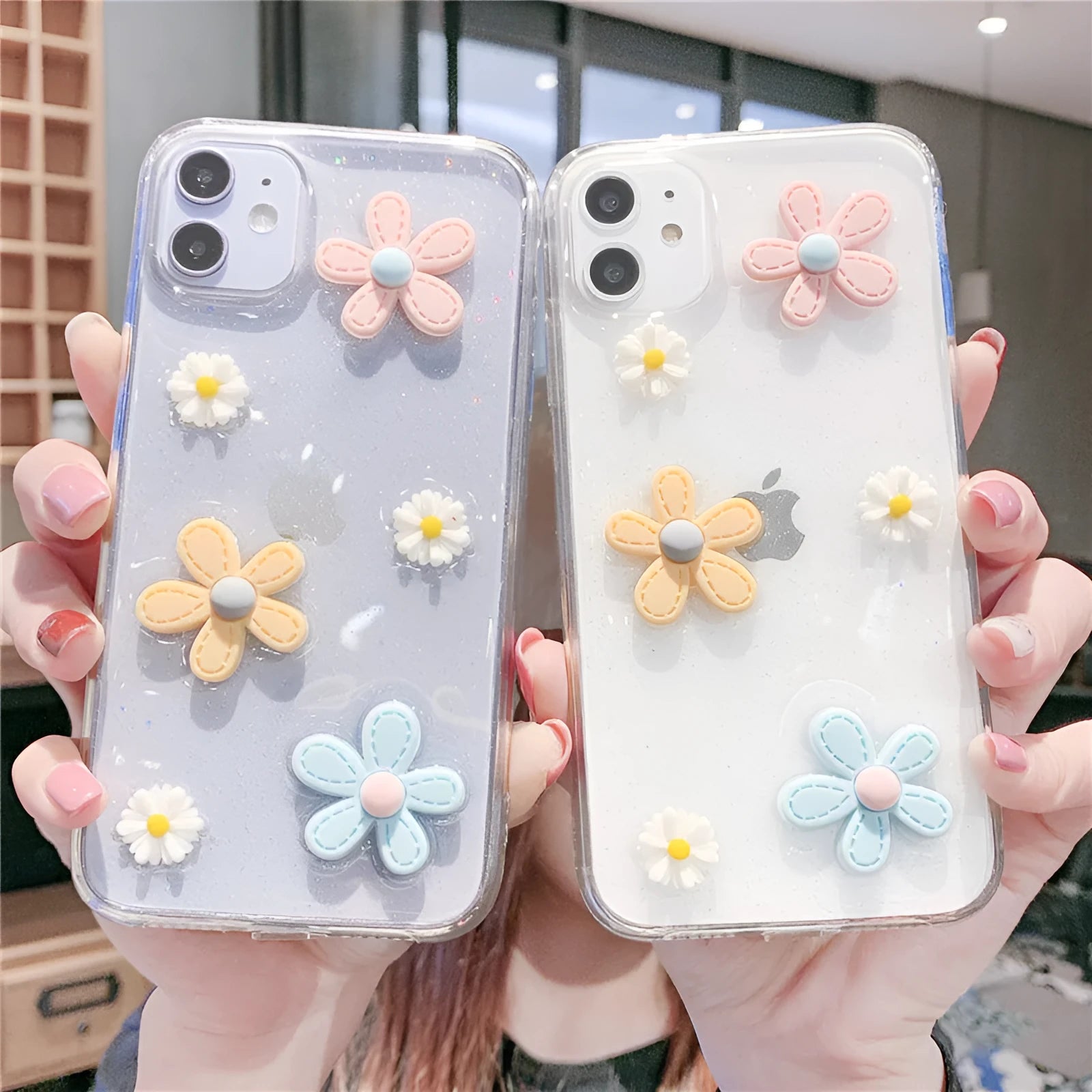 Soft rubber iPhone case with red and pink Girl Heart and flower design on a white background.
