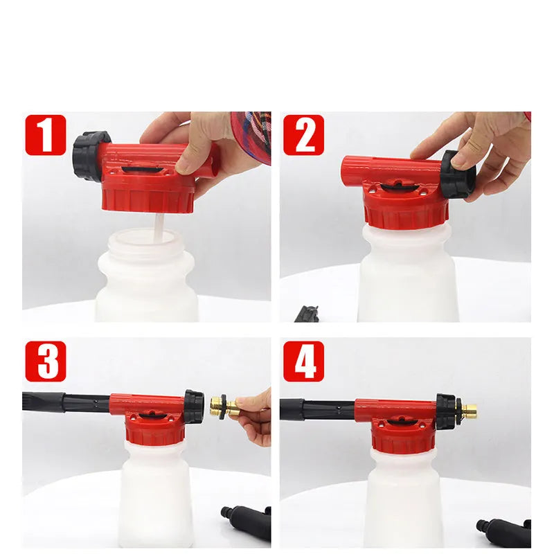 Green and black handheld foam pot high pressure water gun for garden spraying.