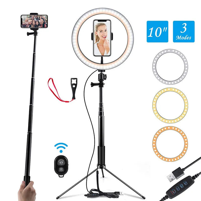 Black aluminium alloy selfie stick tripod with extended sections, compatible with Apple iPhones.