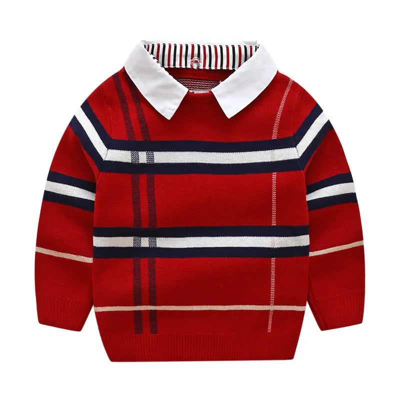 Boy's apricot and navy blue plaid jacquard cotton sweater with long sleeves on a hanger