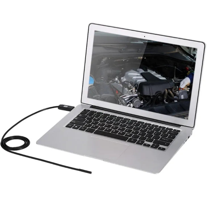 OWSOO USB endoscope camera with 5m cable, 6 LED lights, 7mm lens, and attachments including hook and magnet